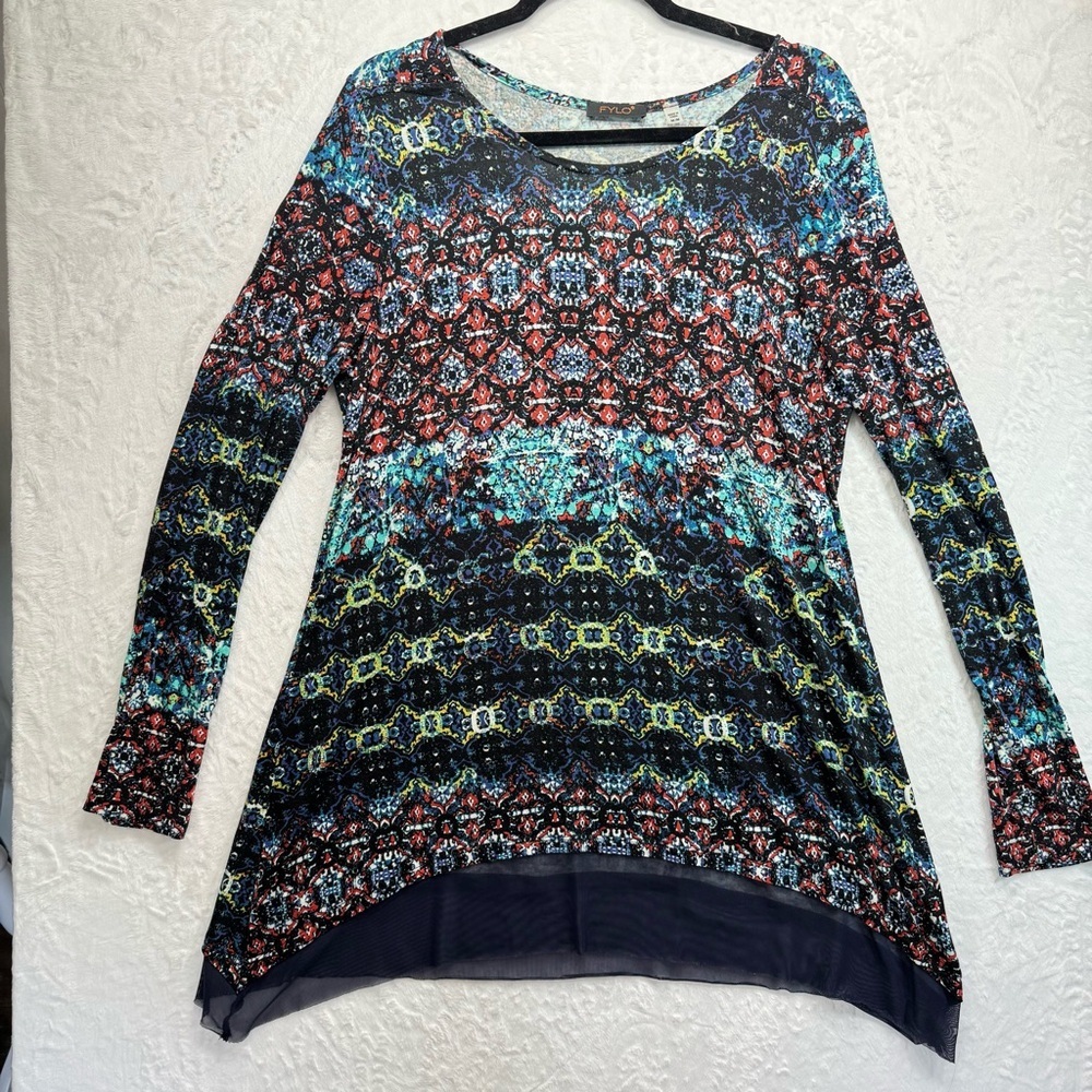 Multicolor Long Sleeve Asymmetric Tunic Mesh Lace Hem by FYLO Boho Lightweight